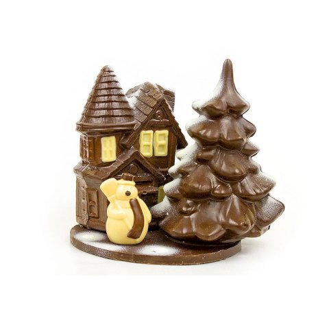 Figuren aus Schokolade - Haus, Schneemann, Weihnachtsbaum.